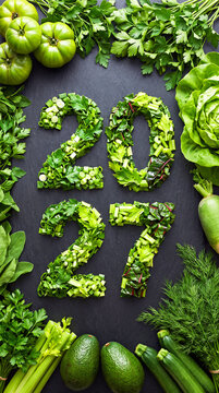 A vertical festive flat lay arrangement featuring the numbers 2027 made from sliced greens, vegetables, and lettuce on a black slate surface. A Christmas concept centered on wholesome, healthy eating