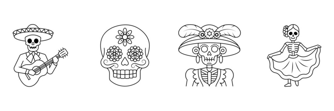 Day of the dead line icons set with mariachi sugar skull catrina and mexican dancer.