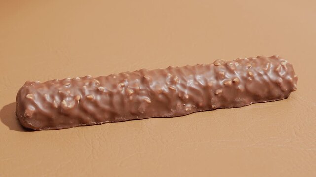 Wide slow orbit shot around a chocolate coated snack bar with crunchy nut pieces on a warm brown studio surface, showing the full product from changing angles.