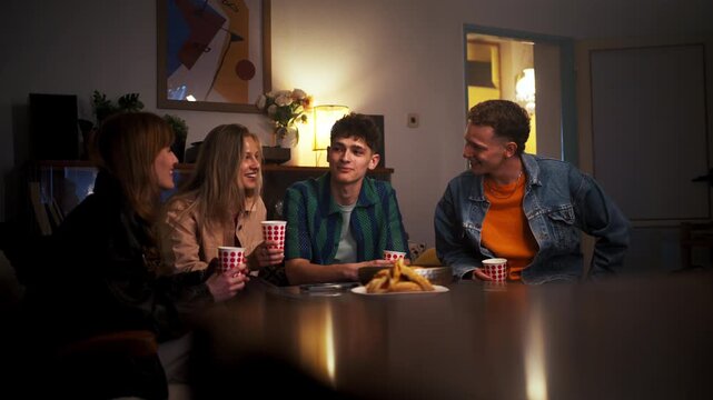 Laughter Around Colorful Game Table. Group Shares Joyful Moments During Friendly Competition