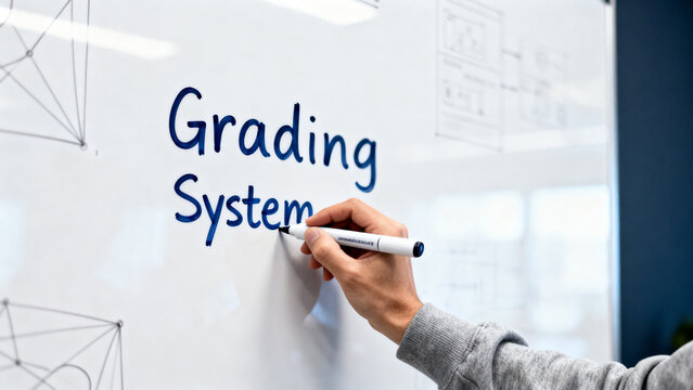 Hand writing grading system on a whiteboard in a modern office