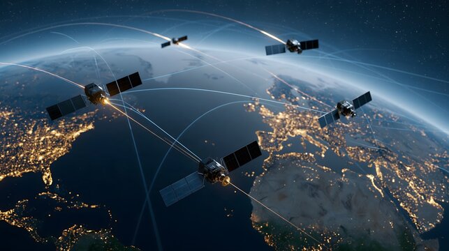 global satellite communications concept viewed from space, Earth at night with illuminated cities and multiple satellites positioned above the atmosphere, subtle orbital communication pathways,