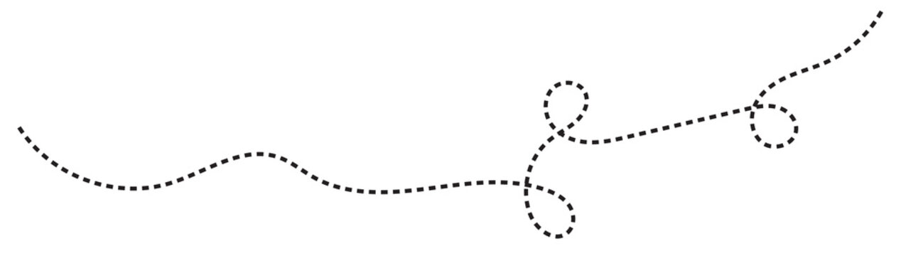 Abstract Hand-Drawn Dotted Line Collection. Dotted Spiral Curve Line. Hand Sketched Curly Border. Curly dotted line. Long dashed hand drawn squiggle.