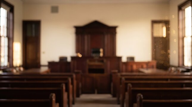 Interior view of an empty historic courtroom with wooden benches and a judges bench in soft focus