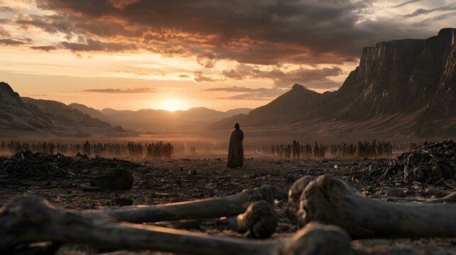 Biblical prophet standing in a valley of dry bones at sunset with a vast crowd of people in the distance