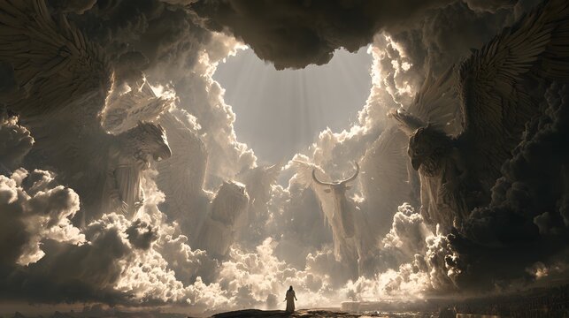 Biblical vision of a lone person facing giant celestial beings and winged creatures in the clouds