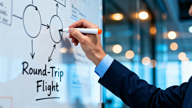 Businessman drawing a round-trip flight flowchart on a whiteboard in a modern office