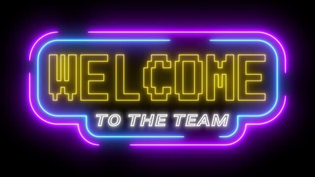 Neon sign animated welcome to the team text glowing with colorful pixel typography, looping motion graphic on dark background in 4k.