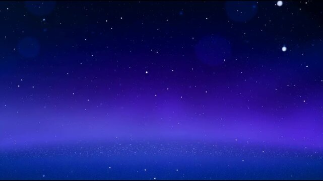 A gradient space scene shifting from dark blue to purple features randomly falling glitter and snowflakes drifting through the frame, New Year and Christmas themed animated video.