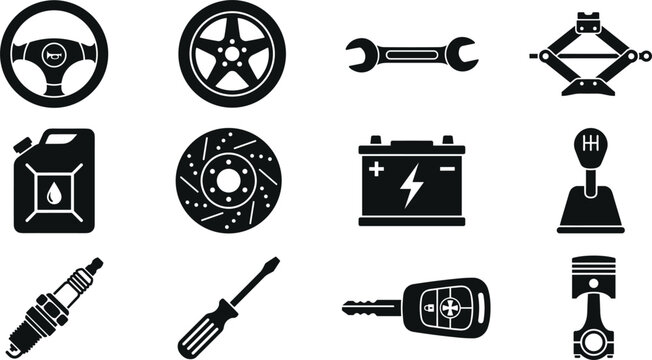 Car ignition keyfob mechanical scissor jack brake rotor gearshift lever vehicle maintenance workshop flat vector icons