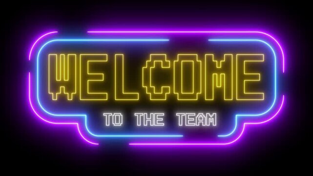 Neon sign animated welcome to the team text glowing with colorful pixel typography, looping motion graphic on dark background in 4k.