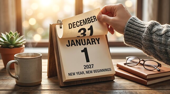 Desk calendar with december 31 turning to january 1 new year 2027 with coffee mug plant and glasses on wood table representing new beginnings.
