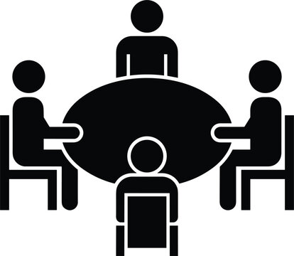 Corporate business meeting icon depicting coworkers sitting around oval table discussing strategic teamwork projects during conference