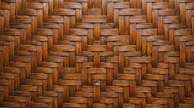 Closeup of a traditional woven bamboo texture pattern, dark brown wooden material background for design