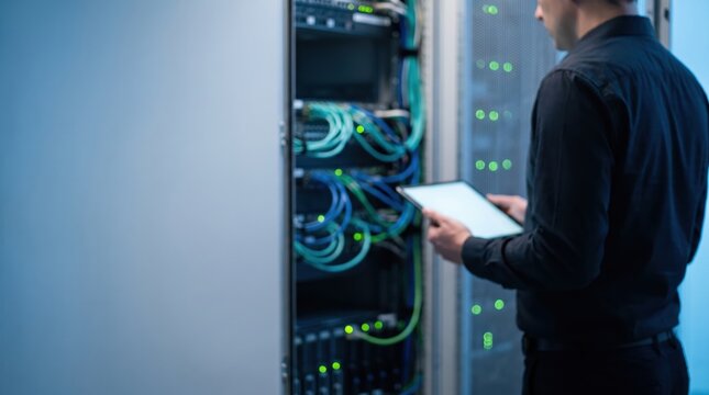 It technician using a tablet to monitor server performance in a modern data center with glowing blue and green network cables
