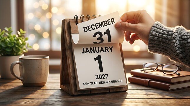Desk calendar showing december 31 turning to january 1 new year 2027 with coffee mug plant and glasses on wood table representing new beginnings.