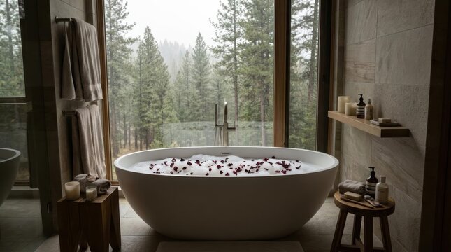 Luxurious bathroom with a large soaking tub filled with water and petals overlooking a forest