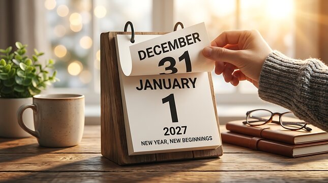 Desk calendar showing december 31 turning to january 1 new year 2027 with coffee mug plant and glasses on wood table representing new beginnings.