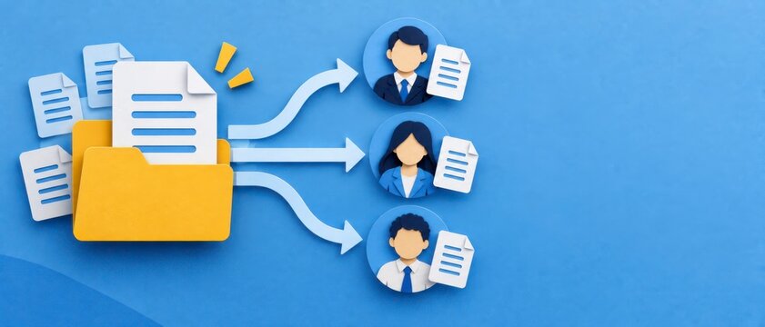 Central document sharing diagram with three user icons and a yellow folder on a light blue background