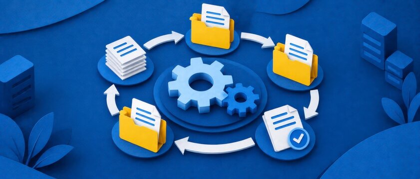 Isometric circular workflow with documents and folders powered by blue cardstock layers and yellow highlights