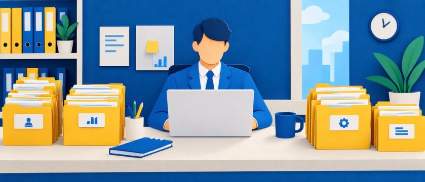 Professional office scene featuring a person at a laptop with yellow folders and filing stacks for records management