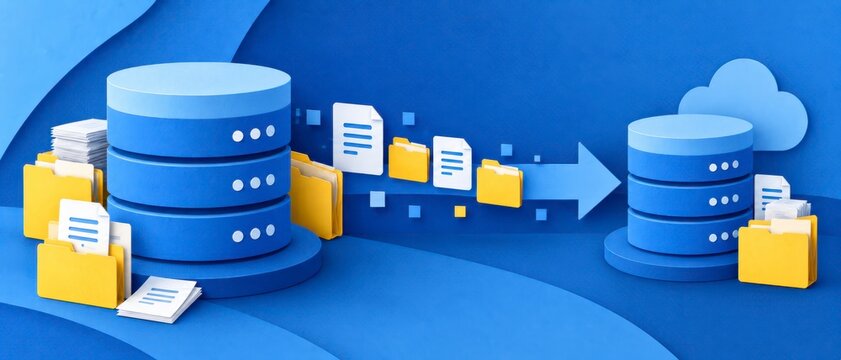 Data backup and storage with layered database disks and a bold left to right arrow