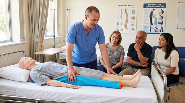 Caregiver demonstrating patient lifting technique with manikin