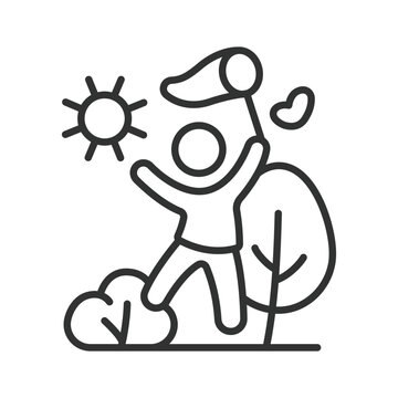 Boy playing in nature, icon in line design. boy playing in nature, child outdoors, boy in park, kids nature play on white background vector. Editable stroke icon.