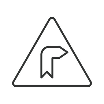 Right turn ahead road sign icon in line design. Right turn, road sign, traffic, direction, arrow, curve, warning on white background vector. Right turn ahead road sign editable stroke icon