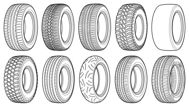 Automotive tires with tread patterns wheel designs set line drawing vector designs