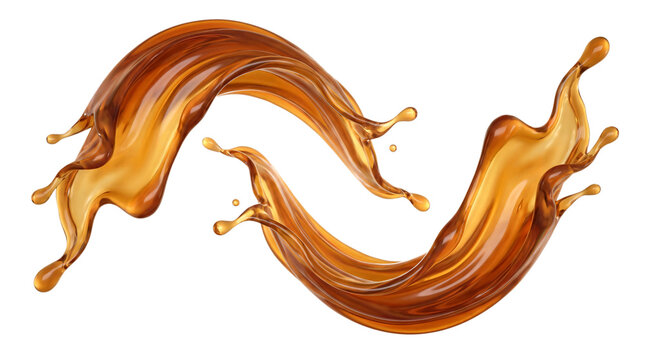 Amber liquid splash swirl on transparent background, png on transparent background