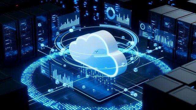 Glowing cloud icon with digital data streams and server racks in a futuristic data center technology concept