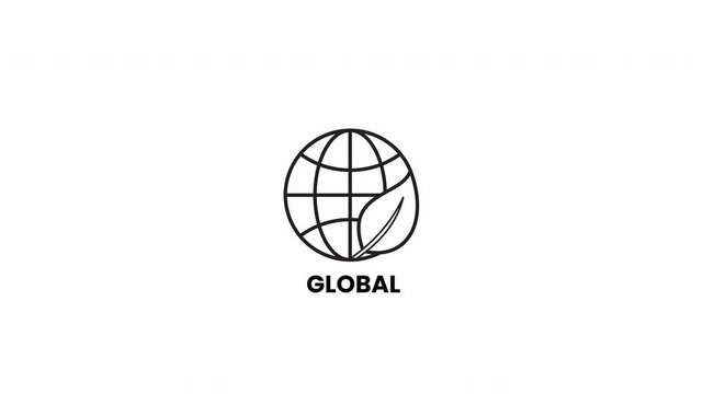 Black line drawing circular globe planet leaf symbol word global capital letters. Suitable for ecofriendly, sustainable, global themes in design projects.