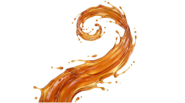 Spiraling amber liquid splash on transparent background, png on transparent background