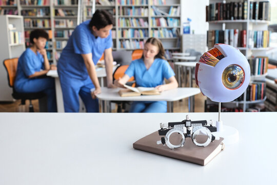 Ophthalmic study tools including a detailed eye globe replica and trial spectacles frame arranged on a library desk before medical students