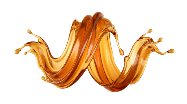 Symmetrical caramel splash forming aw shape on white png on transparent background