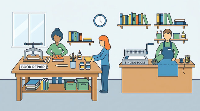 People working in a book repair and binding shop