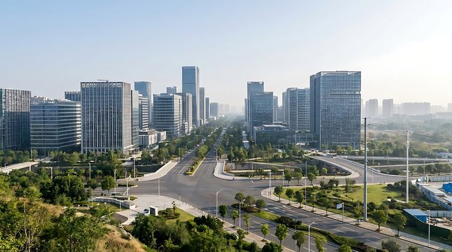 Aerial panorama of a modern city. Wide avenue, sleek high-rise buildings, green spaces, and bustling business district represent urban development under a clear sky
