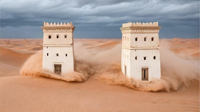fortress surrounded by rolling dunes at sunset, weathered towers casting long shadows, airborne sand creating atmospheric layers, dramatic golden light, cinematic historical adventure aesthetic