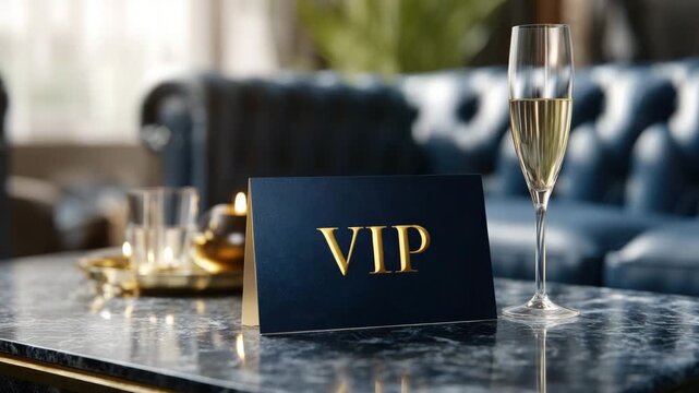 vip sign and glass champagne on a table in luxury hotel room animation