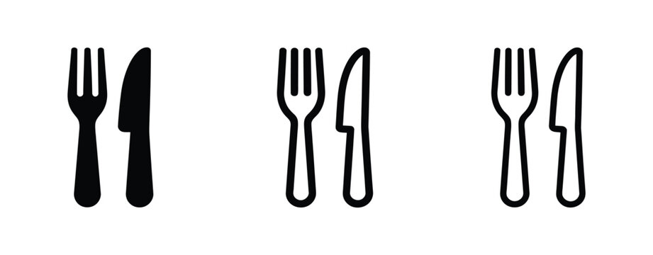 Fork and knife icon set, solid black, outlined, and minimal outline cutlery symbols representing dining, restaurant, food service, tableware, and kitchen utensils, EPS10.