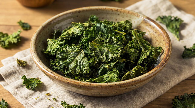 Homemade crispy baked kale chips in a bowl