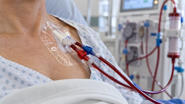 Close up of central venous hemodialysis catheter on patient chest connected to blood lines