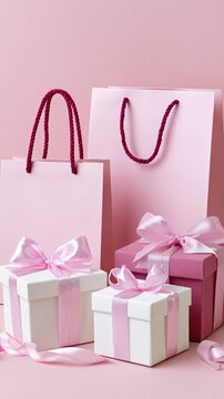 Gift boxes and shopping bags arranged on pink background