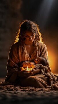 Mother Holding Newborn in Candlelit Stone Shelter