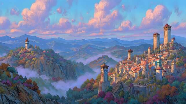 on a cliff surrounded by rolling clouds, warm sunset illuminating stone towers, distant mountains fading into atmospheric haze, cinematic fantasy environment, dramatic composition, intricate
