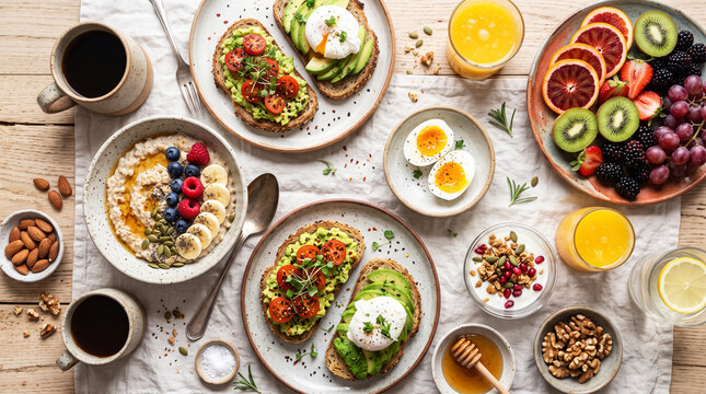 Healthy breakfast spread with avocado toast, oatmeal, eggs, fruit, and coffee on a wooden table