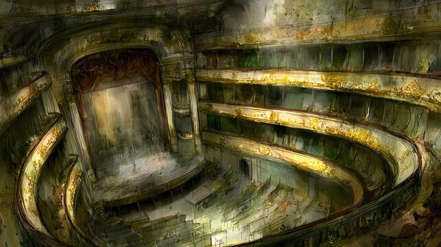 of an abandoned grand theater, faded velvet seats, ornate balconies, sunlight entering through broken windows, floating dust particles, cinematic mystery, realistic architectural details, dramatic