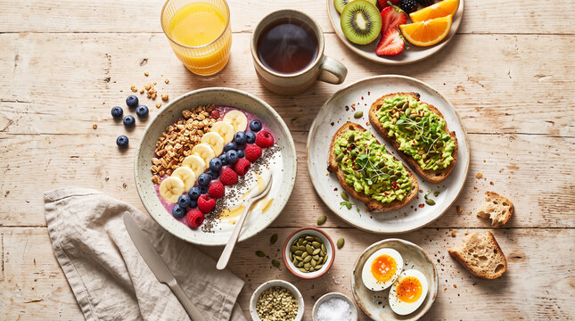 Healthy breakfast spread with avocado toast, smoothie bowl, eggs, fruit, and coffee on wooden table