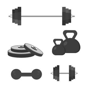 Flat Design Fitness and Gym Equipment Icons Set. illustration of gym workout equipment including barbell, kettlebells, weight plates, and dumbbells.